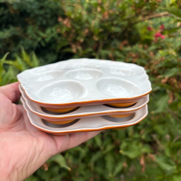 Vintage Set of 3 Escargot Dishes Luzifer Bauscher Weiden Orange White Porcelain - Picture 6 of 10